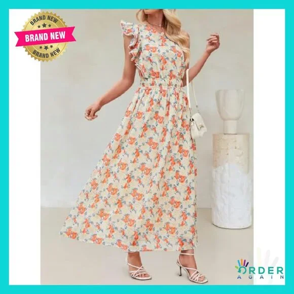 Boho Floral Maxi Dress Sleeveless One Shoulder Ruffle Elegant Beach Party - Picture 6 of 8